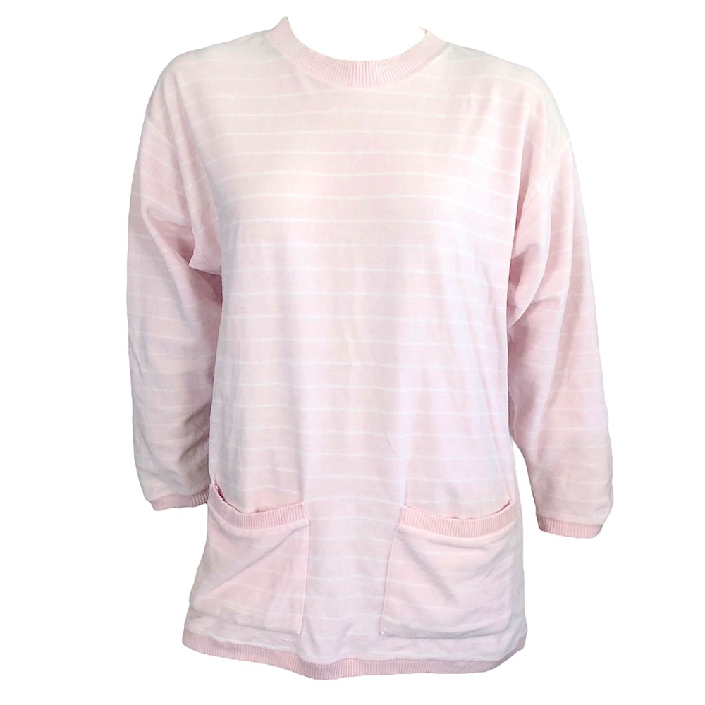 VINTAGE 80s Saks Baby Pink Stripe Velour Longline Sweatshirt Tunic